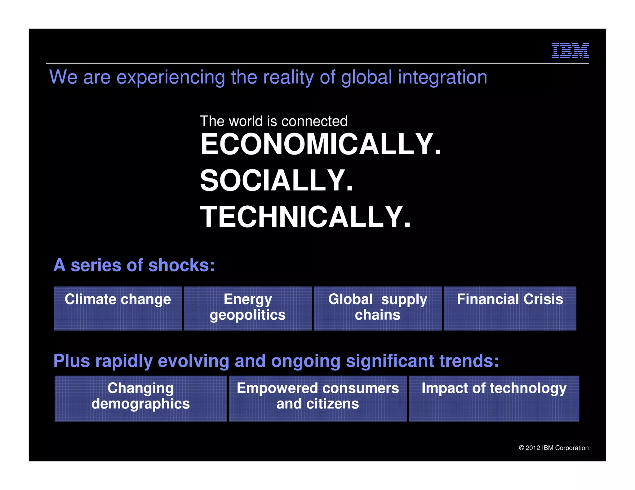We are experiencing the reality of global integration

                    The world is connected
                    ECONOMICALLY.
                    SOCIALLY.
                    TECHNICALLY.
A series of shocks:
 Climate change        Energy          Global supply   Financial Crisis
                     geopolitics          chains


Plus rapidly evolving and ongoing significant trends:
       Changing          Empowered consumers       Impact of technology
     demographics            and citizens

                                                                © 2012 IBM Corporation
 
