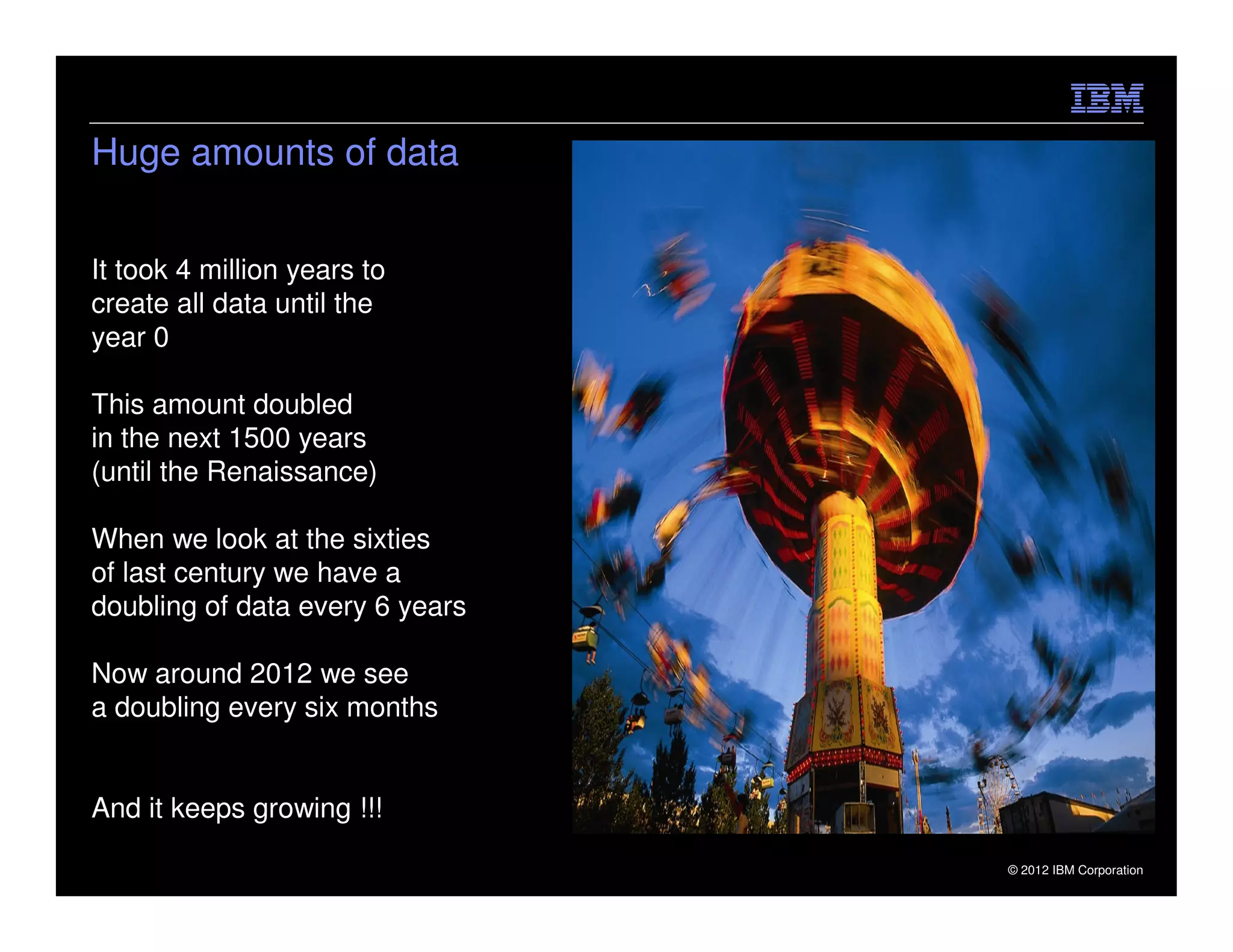 Huge amounts of data


It took 4 million years to
create all data until the
year 0

This amount doubled
in the next 1500 years
(until the Renaissance)

When we look at the sixties
of last century we have a
doubling of data every 6 years

Now around 2012 we see
a doubling every six months


And it keeps growing !!!

                                 © 2012 IBM Corporation
 