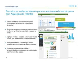 © 2015 IBM Corporation10
Atraia candidatos com com mensagens
originais e autênticas com Employment
branding;
Entenda os traços ocultos que conduzem seus
melhores funcionários e contrate mais como
eles;
Aplique ciência e analytics para revelar traços
inatos, que predizem o sucesso do trabalho;
Cresça na carreira e contratação interna
através de comunidades de talentos internos;
Sustente engajamento e acelere a
produtividade com processos de ambientação
com ferramentas sociais.
Encontre os melhores talentos para o crescimento de sua empresa
com Aquisição de Talentos
 