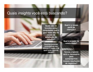 © 2015 IBM Corporation16
Quais insights você está buscando?
Quais são as
funções estão
ranqueadas com o
grau mais alto na
escala de
satisfação do
trabalho?
Temos o talento
certo e necessário
para
aumentarmos
nossos resultados
de negócios?
Quantas pessoas
contratamos nos
últimos 3 meses e de
qual fonte (source)
vieram?
Qual é o custo de
rotatividade?
Qual é o nosso
perfil de
retenção?
 