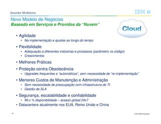 © 2015 IBM Corporation43
Software
Novo Modelo de Negócios
Baseado em Serviços e Providos da “Nuvem”
• Agilidade
• Na implementação e ajustes ao longo do tempo
• Flexibilidade
• Adequação a diferentes indústrias e processos (parâmetro vs código)
• Crescimentos
• Melhores Práticas
• Proteção contra Obsolecência
• Upgrades frequentes e “automáticos”, sem necessidade de “re-implementação”
• Menores Custos de Manutenção e Administração
• Sem necessidade de preocupação com infraestrutura de TI
• Gestão de SLA
• Segurança, escalabilidade e confiabilidade
• 99.x % disponibilidade – acesso global 24x7
• Datacenters atualmente nos EUA, Reino Unido e China
 