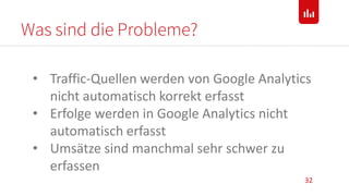 Was sind die Probleme?
32
• Traffic-Quellen werden von Google Analytics
nicht automatisch korrekt erfasst
• Erfolge werden in Google Analytics nicht
automatisch erfasst
• Umsätze sind manchmal sehr schwer zu
erfassen
 