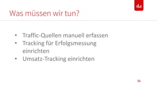 Was müssen wir tun?
36
• Traffic-Quellen manuell erfassen
• Tracking für Erfolgsmessung
einrichten
• Umsatz-Tracking einrichten
 