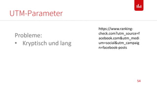 UTM-Parameter
54
Probleme:
• Kryptisch und lang
https://www.ranking-
check.com?utm_source=f
acebook.com&utm_medi
um=social&utm_campaig
n=facebook-posts
 