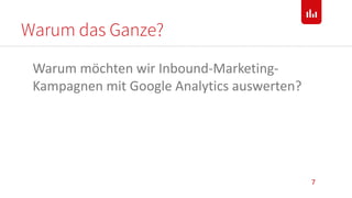 Warum das Ganze?
7
Warum möchten wir Inbound-Marketing-
Kampagnen mit Google Analytics auswerten?
 
