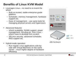 Benefits of Linux KVM Model
• Leverages Linux – no need to re-invent the
  wheel
   – Built on trusted, stable enterprise grade
     platform
   – Scheduler, memory management, hardware
     support etc.
   – Ease of management – use same tools for
     managing physical servers and hypervisors

• Advanced features
   – Inherit scalability, NUMA support, power
     management, hot-plug etc. from Linux –
     others have to develop from scratch
   – SELinux security, advanced scheduler,
     RAS support etc.

• Hybrid-mode operation
   – Run regular Linux applications side-by-
     side with Virtual Machines on the same
     server – much higher degree of hardware
     efficiency
10                        KVM / Red Hat Enterprise Virtualization | Syed M Shaaf
 