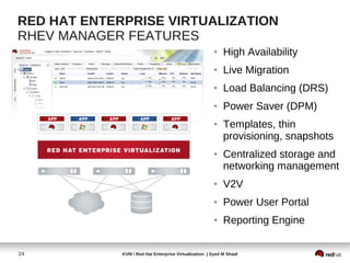 RED HAT ENTERPRISE VIRTUALIZATION
RHEV MANAGER FEATURES
                                                       ●    High Availability
                                                       ●    Live Migration
                                                       ●    Load Balancing (DRS)
                                                       ●    Power Saver (DPM)
                                                       ●    Templates, thin
                                                            provisioning, snapshots
                                                       ●    Centralized storage and
                                                            networking management
                                                       ●    V2V
                                                       ●    Power User Portal
                                                       ●    Reporting Engine


24           KVM / Red Hat Enterprise Virtualization | Syed M Shaaf
 