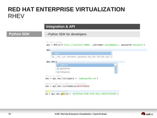 RED HAT ENTERPRISE VIRTUALIZATION
RHEV
             Integration & API

Python SDK   - Python SDK for developers




30                KVM / Red Hat Enterprise Virtualization | Syed M Shaaf
 