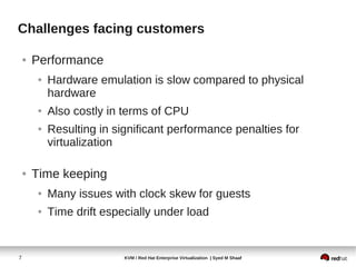 Challenges facing customers

    ●   Performance
        ●   Hardware emulation is slow compared to physical
            hardware
        ●   Also costly in terms of CPU
        ●   Resulting in significant performance penalties for
            virtualization

    ●   Time keeping
        ●   Many issues with clock skew for guests
        ●   Time drift especially under load


7                          KVM / Red Hat Enterprise Virtualization | Syed M Shaaf
 