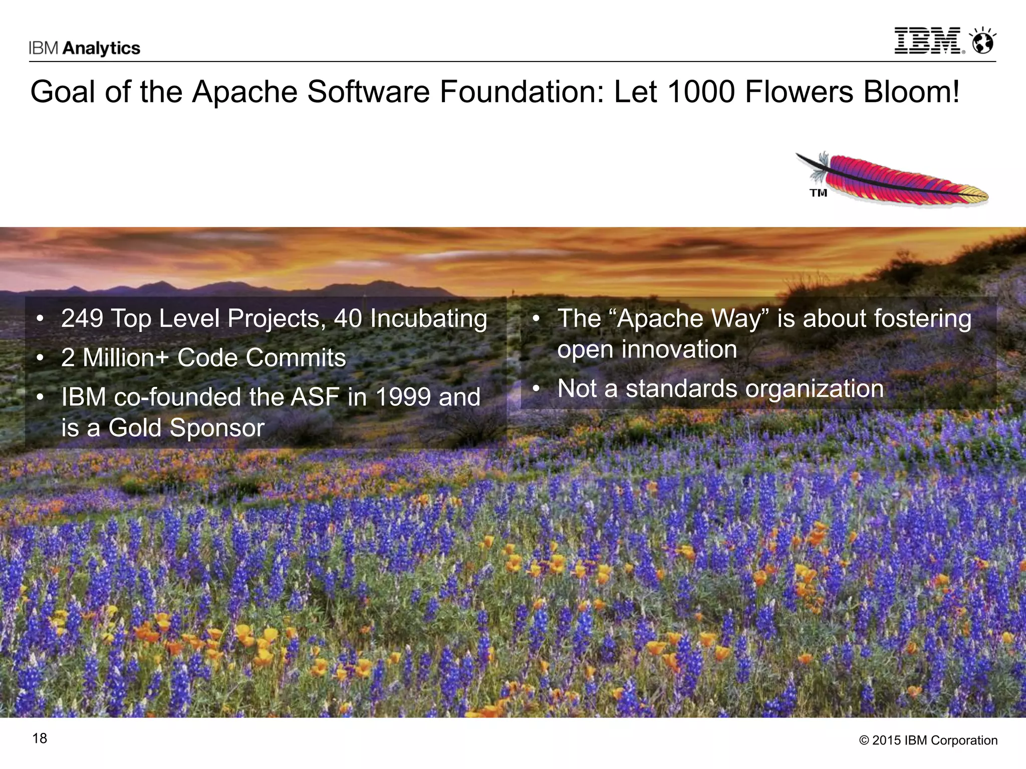 © 2015 IBM Corporation18
Goal of the Apache Software Foundation: Let 1000 Flowers Bloom!
• 249 Top Level Projects, 40 Incubating
• 2 Million+ Code Commits
• IBM co-founded the ASF in 1999 and
is a Gold Sponsor
• The “Apache Way” is about fostering
open innovation
• Not a standards organization
 
