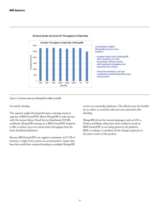 20
IBM Systems
No need for sharding
The superior single-thread performance and large memory
capacity of IBM LinuxONE allows MongoDB to scale up very
well. On various Yahoo Cloud Service Benchmark (YCSB)
workloads, MongoDB running on a IBM LinuxONE Emperor
is able to achieve up to two times better throughput than the
latest distributed platforms.
Because IBM LinuxONE can support a maximum of 10 TB of
memory, a single Linux system can accommodate a larger data-
base that would have required sharding to multiple MongoDB
servers on commodity platforms. This affords users the flexibil-
ity to reduce or avoid the risks and costs associated with
sharding.
MongoDB drivers for various languages, such as C/C++,
Node.js and Ruby, either have been verified to work on
IBM LinuxONE or are being ported to the platform.
IBM is working to contribute all the changes upstream to
the latest version of the product.
Extreme Scale Up Acme Air Throughput vs Data Size
AcmeAir Throughput vs Data Size in MongoDB
—Avoid the overhead, cost and
complexity of distributing DB across
many servers
—Largest single node of MongoDB
with a footprint of +2TB,
processing +4B documents
with sustained throughput and
response time (<5ms).
Consolidate multiple
MongoDB servers in one
instance
30000
25000
20000
15000
10000
5000
0
Throughput(ops/sec)
Data Size
0.5GB 25GB 50GB 200GB 320GB 600GB 1TB 2TB
Figure 6. Extreme scale up of MongoDB on IBM LinuxONE
 