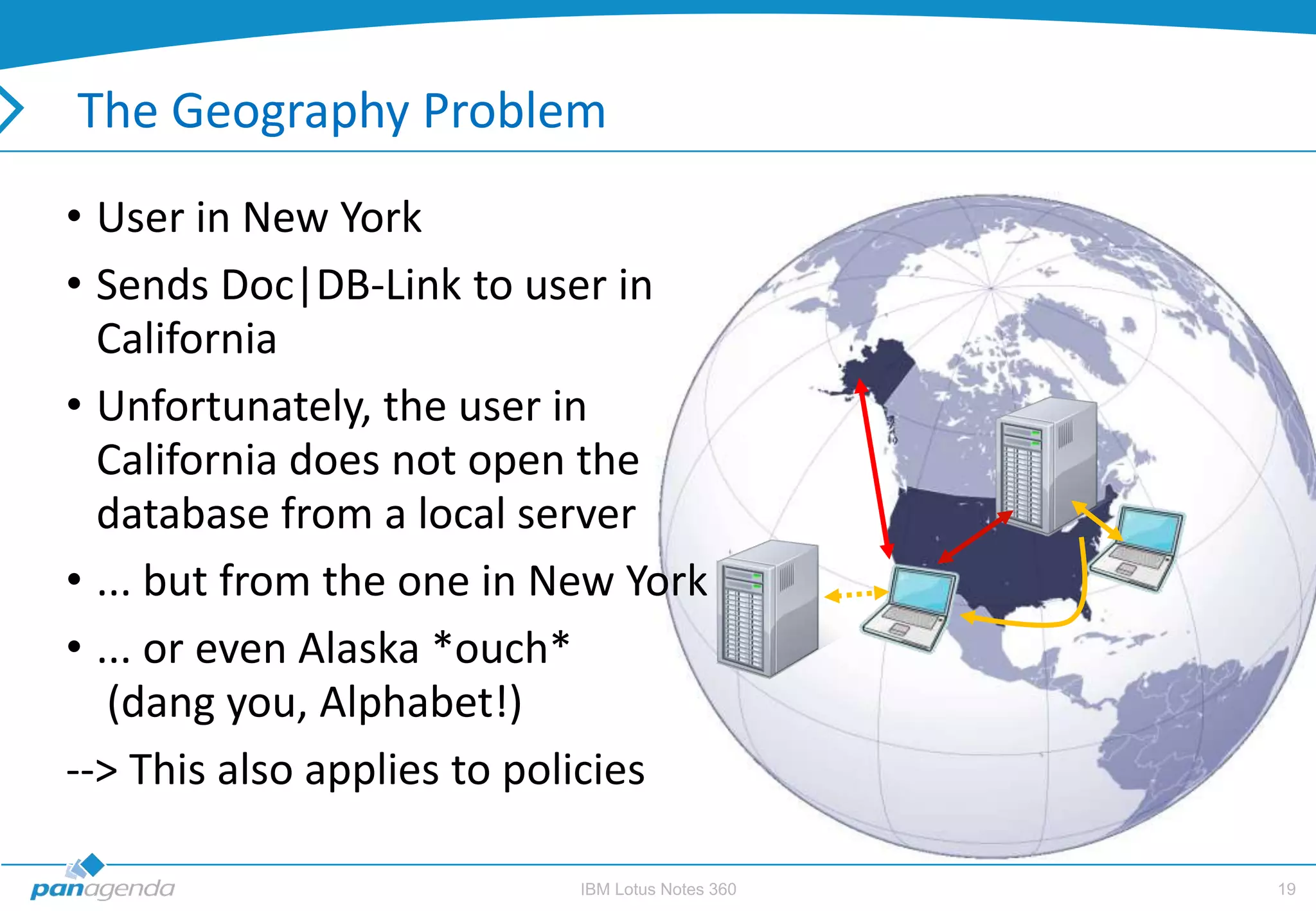 The Geography Problem
• User in New York
• Sends Doc|DB-Link to user in
  California
• Unfortunately, the user in
  California does not open the
  database from a local server
• ... but from the one in New York
• ... or even Alaska *ouch*
   (dang you, Alphabet!)
--> This also applies to policies

                           IBM Lotus Notes 360   19
 