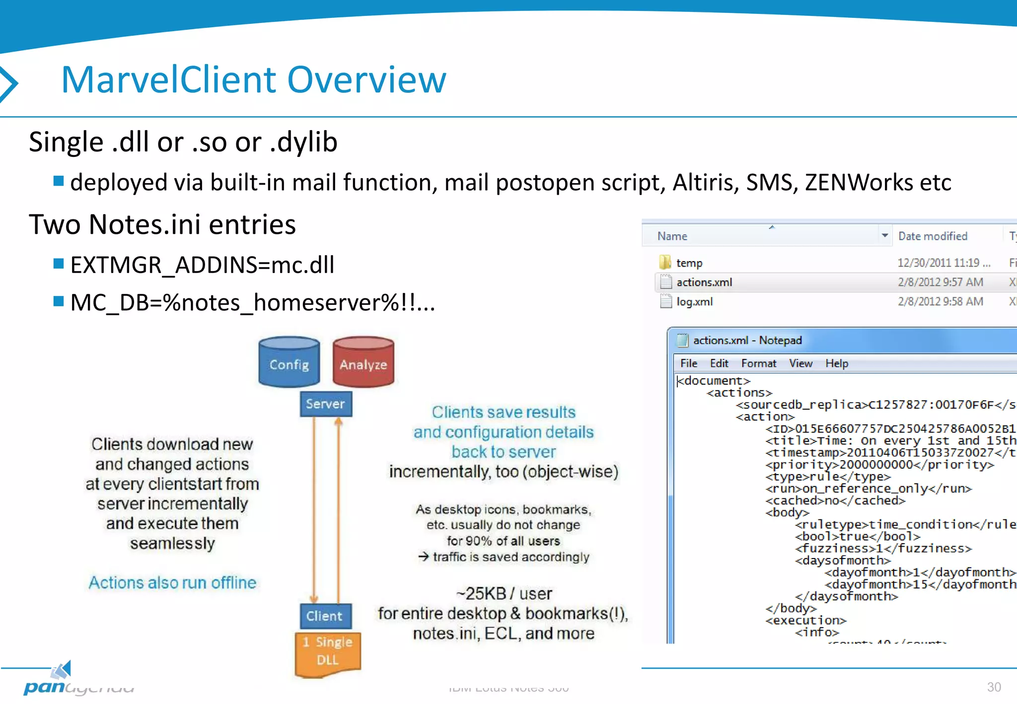 MarvelClient Overview
Single .dll or .so or .dylib
   deployed via built-in mail function, mail postopen script, Altiris, SMS, ZENWorks etc
Two Notes.ini entries
   EXTMGR_ADDINS=mc.dll
   MC_DB=%notes_homeserver%!!...




                                        IBM Lotus Notes 360                                 30
 