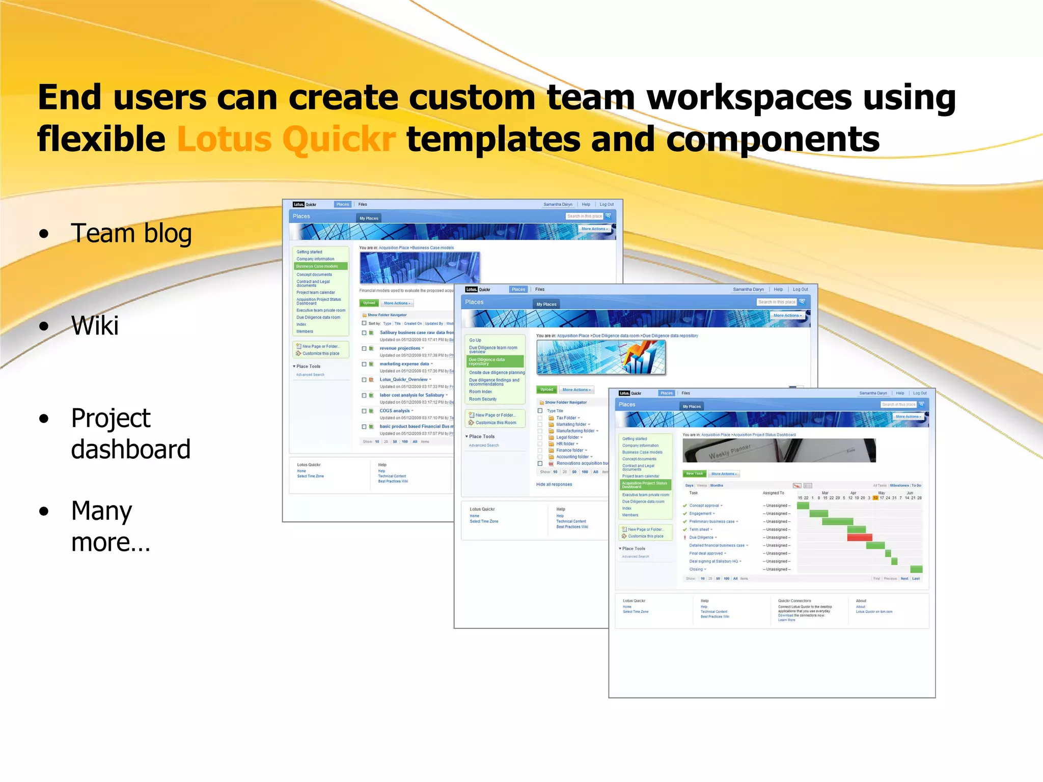 End users can create custom team workspaces using flexible  Lotus Quickr  templates and components Team blog Wiki Project dashboard Many more… 
