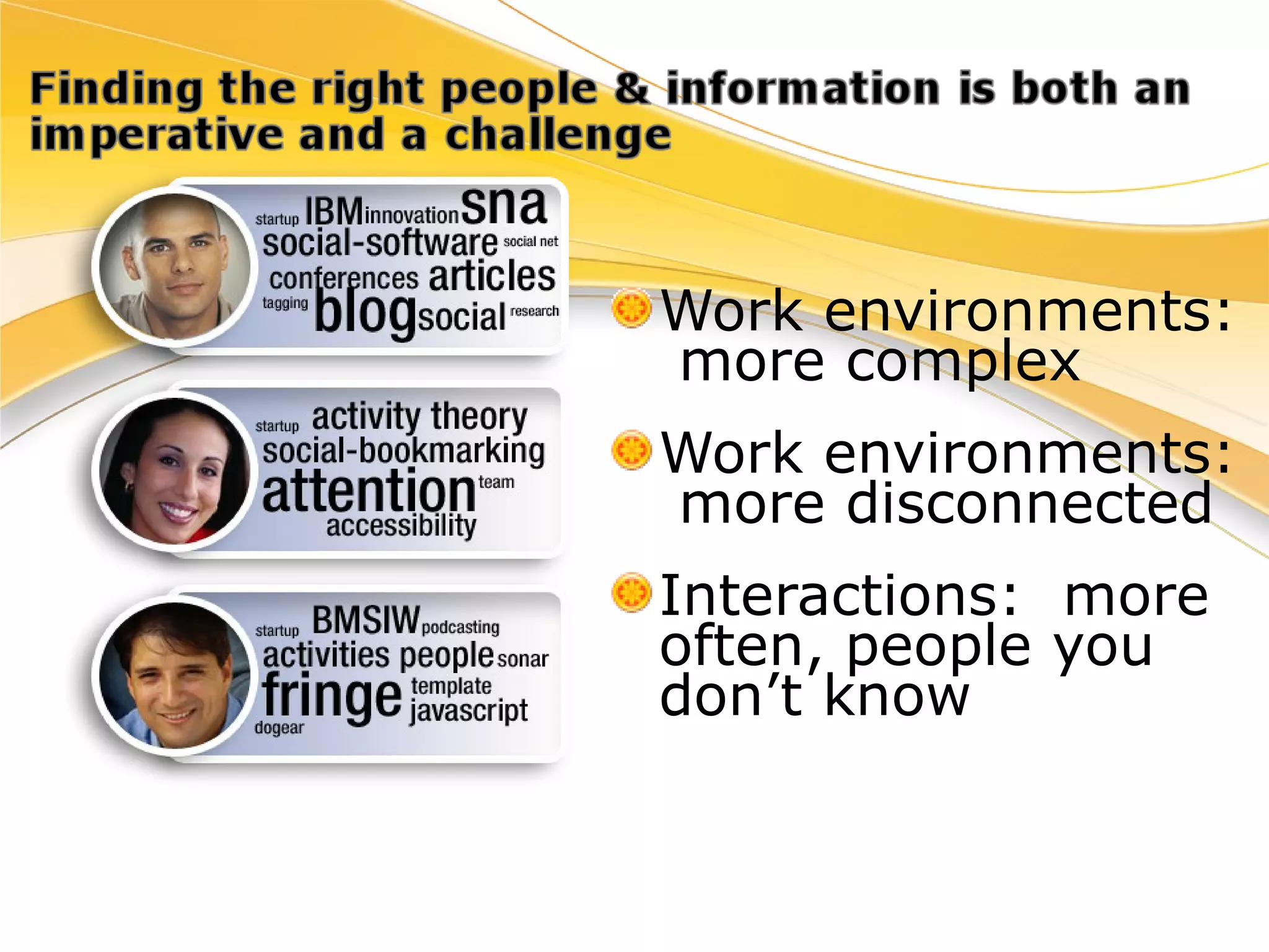 Work environments:  more complex Work environments:  more disconnected  Interactions:  more  often, people you don’t know 