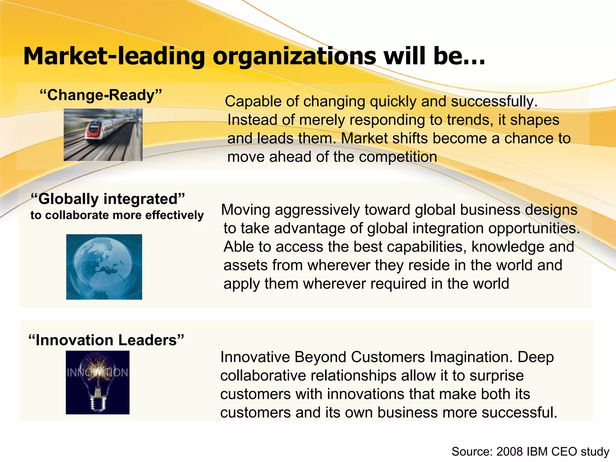 Market-leading organizations will be… Source: 2008 IBM CEO study  “ Change-Ready” Capable of changing quickly and successfully. Instead of merely responding to trends, it shapes and leads them. Market shifts become a chance to move ahead of the competition “ Globally integrated”  to collaborate more effectively Moving aggressively toward global business designs to take advantage of global integration opportunities. Able to access the best capabilities, knowledge and assets from wherever they reside in the world and apply them wherever required in the world “ Innovation Leaders” Innovative Beyond Customers Imagination. Deep collaborative relationships allow it to surprise customers with innovations that make both its customers and its own business more successful. 