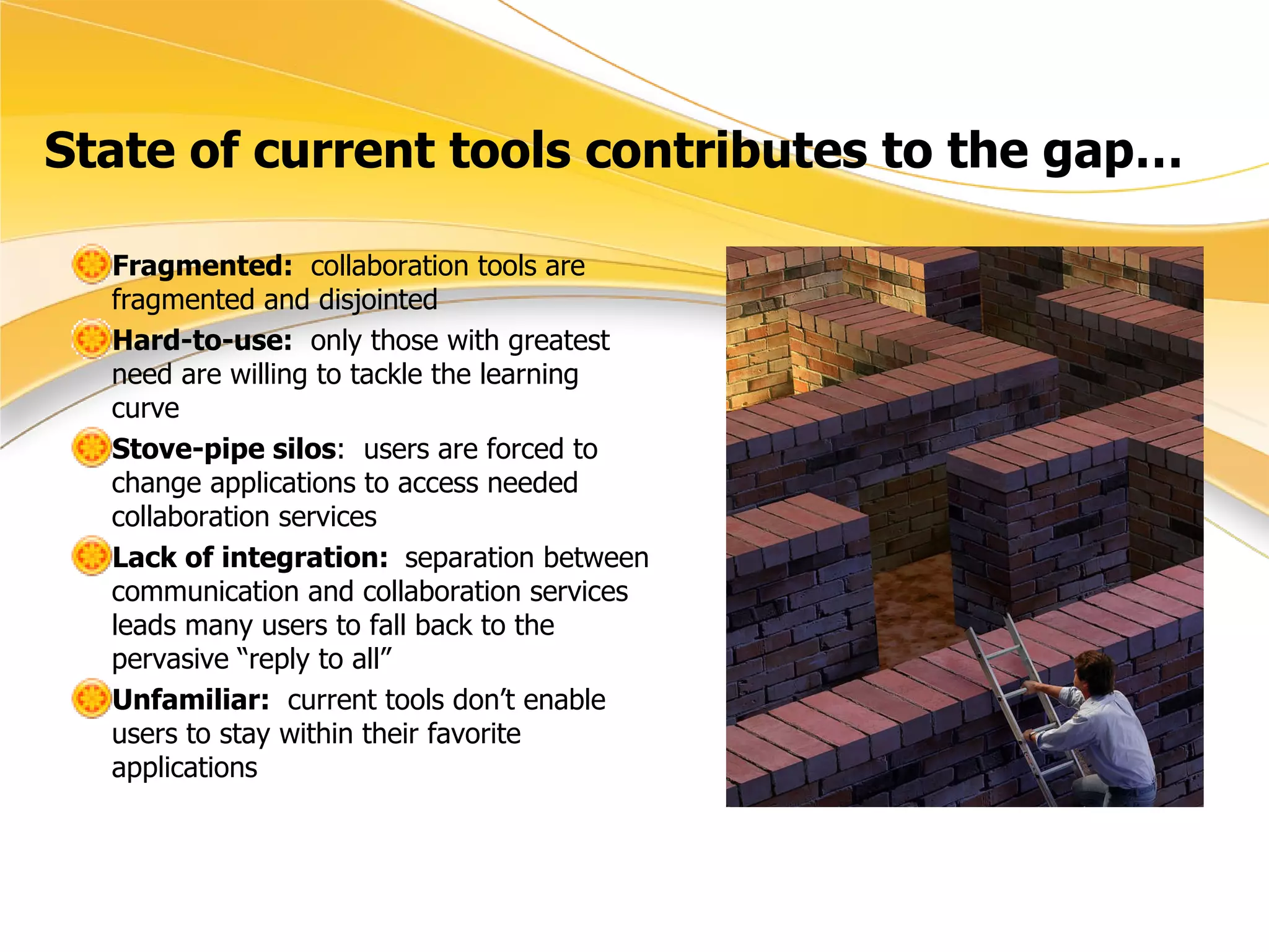 State of current tools contributes to the gap… Fragmented:   collaboration tools are fragmented and disjointed Hard-to-use:   only those with greatest need are willing to tackle the learning curve Stove-pipe silos :  users are forced to change applications to access needed collaboration services  Lack of integration:  separation between communication and collaboration services leads many users to fall back to the pervasive “reply to all” Unfamiliar:   current tools don’t enable users to stay within their favorite applications 