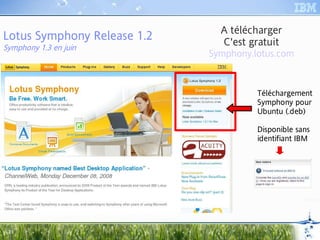 A télécharger
Lotus Symphony Release 1.2     C'est gratuit
Symphony 1.3 en juin
                             Symphony.lotus.com


                                       Téléchargement
                                       Symphony pour
                                       Ubuntu (.deb)

                                       Disponible sans
                                       identifiant IBM




 21
 