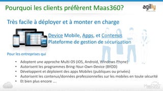 Pourquoi les clients préfèrent Maas360?
Très facile à déployer et à monter en charge
Device Mobile, Apps, et Contenus
Plat...