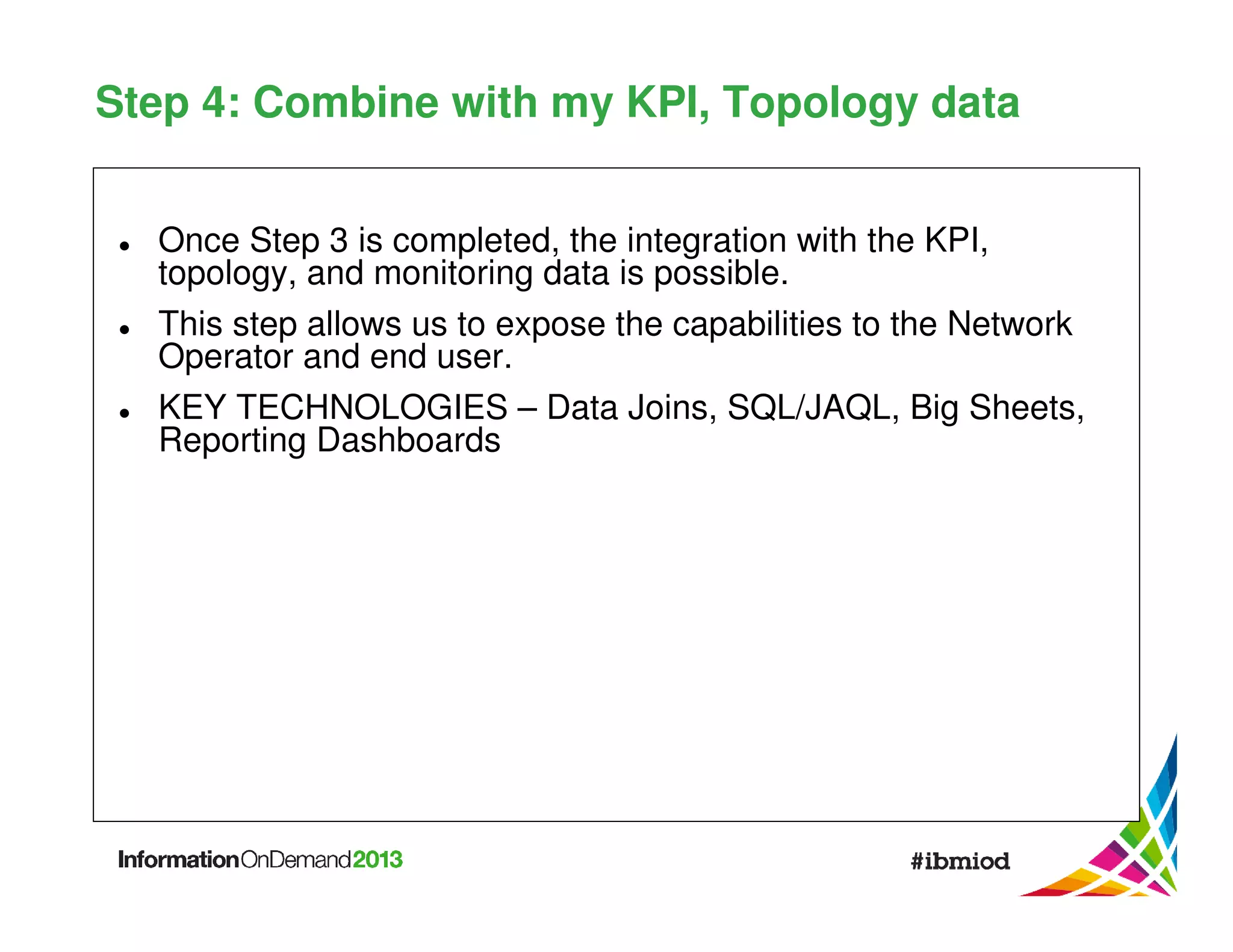 Step 4: Combine with my KPI, Topology data
Once Step 3 is completed, the integration with the KPI,
topology, and monitoring data is possible.
This step allows us to expose the capabilities to the Network
Operator and end user.
KEY TECHNOLOGIES – Data Joins, SQL/JAQL, Big Sheets,
Reporting Dashboards

 