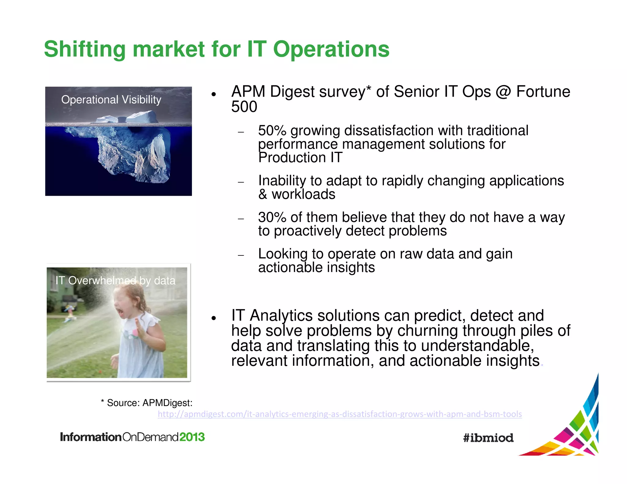 Shifting market for IT Operations
Operational Visibility

APM Digest survey* of Senior IT Ops @ Fortune
500
−

50% growing dissatisfaction with traditional
performance management solutions for
Production IT

−

Inability to adapt to rapidly changing applications
& workloads

−

30% of them believe that they do not have a way
to proactively detect problems

−

Looking to operate on raw data and gain
actionable insights

IT Overwhelmed by data

IT Analytics solutions can predict, detect and
help solve problems by churning through piles of
data and translating this to understandable,
relevant information, and actionable insights.
* Source: APMDigest:
http://apmdigest.com/it-analytics-emerging-as-dissatisfaction-grows-with-apm-and-bsm-tools

 