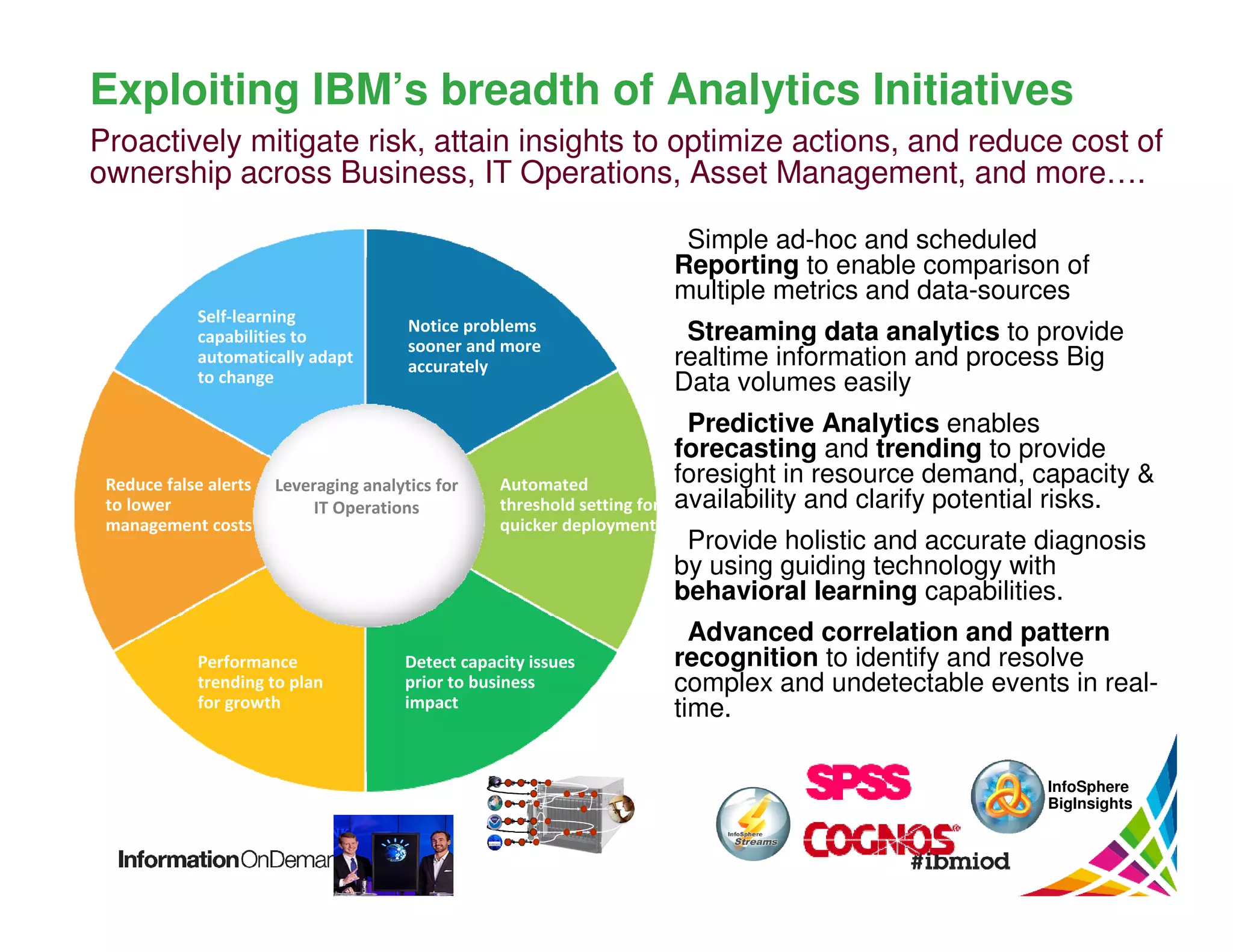 Exploiting IBM’s breadth of Analytics Initiatives
Proactively mitigate risk, attain insights to optimize actions, and reduce cost of
ownership across Business, IT Operations, Asset Management, and more….
Simple ad-hoc and scheduled
Reporting to enable comparison of
multiple metrics and data-sources
Self-learning
capabilities to
automatically adapt
to change

Reduce false alerts
to lower
management costs

Notice problems
sooner and more
accurately

Leveraging analytics for
IT Operations

Performance
trending to plan
for growth

Automated
threshold setting for
quicker deployment

Detect capacity issues
prior to business
impact

Streaming data analytics to provide
realtime information and process Big
Data volumes easily
Predictive Analytics enables
forecasting and trending to provide
foresight in resource demand, capacity &
availability and clarify potential risks.
Provide holistic and accurate diagnosis
by using guiding technology with
behavioral learning capabilities.
Advanced correlation and pattern
recognition to identify and resolve
complex and undetectable events in realtime.
InfoSphere
BigInsights

 
