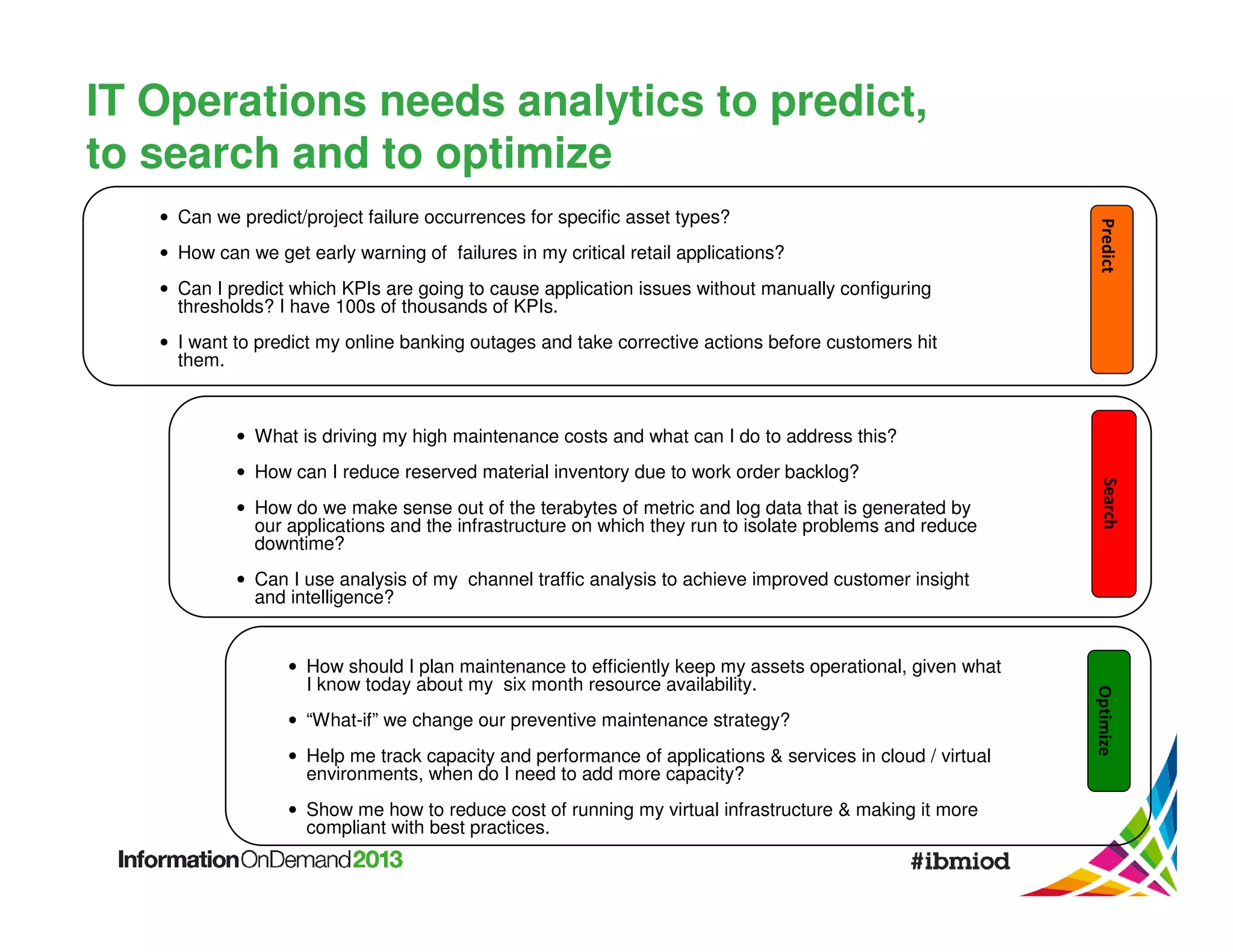 IT Operations needs analytics to predict,
to search and to optimize
• How can we get early warning of failures in my critical retail applications?

Predict

• Can we predict/project failure occurrences for specific asset types?

• Can I predict which KPIs are going to cause application issues without manually configuring
thresholds? I have 100s of thousands of KPIs.
• I want to predict my online banking outages and take corrective actions before customers hit
them.

• What is driving my high maintenance costs and what can I do to address this?

• How do we make sense out of the terabytes of metric and log data that is generated by
our applications and the infrastructure on which they run to isolate problems and reduce
downtime?

Search

• How can I reduce reserved material inventory due to work order backlog?

• Can I use analysis of my channel traffic analysis to achieve improved customer insight
and intelligence?

• “What-if” we change our preventive maintenance strategy?
• Help me track capacity and performance of applications & services in cloud / virtual
environments, when do I need to add more capacity?
• Show me how to reduce cost of running my virtual infrastructure & making it more
compliant with best practices.

Optimize

• How should I plan maintenance to efficiently keep my assets operational, given what
I know today about my six month resource availability.

 
