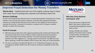 IBM z Analytics
55
Machine Learning for z/OS
Improve Fraud Detection for Money Transfers
Business Challenge
Current rules based process Mizuho has for monitoring fraudulent transactions for money
transfer is very manual and resource intensive. Accounts with suspected fraudulent
activities are automatically alerted and then there are two additional manual steps to
evaluate the activity: 1) evaluate if transaction is suspect and 2) if suspect, evaluate
whether to report the transaction.
Proof of Concepts
1) IBM Data Science Elite team with support provided by CDL worked with Mizuho IMS
transactional data from across 9 tables to build a model that scored transactions
while minimizing the rate of false positives. The client prioritized reducing false
positives over false negatives (i.e., missing suspect transactions). The IBM team was
able to develop a model that yielded a 93% accuracy rate, with just 7% false positives.
2) CDL also is working in parallel with Mizuho on an IT Operational Analytics use case
leveraging our System Health Tree API to ensure continuous availability of their IMS
System.
Why they chose Machine
Learning for z/OS
• Since transactions originate from
IBM Z, they want a solution that
automates fraud detection close to
data on z/OS.
• Having a flexible and scalable
platform that allows them to bring
in external data, including their
data lake, is another important
factor
Mizuho Bank - A global bank with one of the largest customer base in Japan
with a keen focus on putting both corporate and individual clients first
 