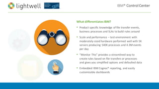 IBM®	Control	Center
What	differentiates	IBM?
• Product	specific	knowledge	of	file	transfer	events,	
business	processes	and	SLAs	to	build	rules	around
• Scale	and	performance	– test	environment	with	
moderately-sized	hardware	performed	 well	with	5K	
servers	producing	 540K	processes	and	4.3M	events	
per	day
• “Monitor	This”	provides	a	streamlined	way	to	
create	rules	based	on	file	transfers	or	processes	
and	gives	you	simplified	options	and	defaulted	data
• Embedded	IBM	Cognos®	reporting,	 and	easily	
customizable	dashboards
 