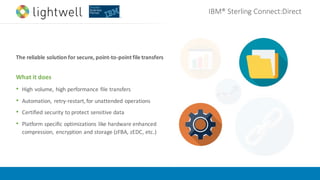 IBM®	Sterling	Connect:Direct
The	reliable	solution	for	secure,	point-to-point	file	transfers
What	it	does
• High	volume,	high	performance	file	transfers
• Automation,	 retry-restart,	for	unattended	operations
• Certified	security	to	protect	sensitive	data
• Platform	specific	optimizations	like	hardware	enhanced	
compression,	 encryption	and	storage	(zFBA,	zEDC,	etc.)
 