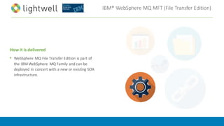 IBM®	WebSphere	MQ	MFT	(File	Transfer	Edition)
How	it	is	delivered
• WebSphere	MQ	File	Transfer	Edition	is	part	of	
the	IBM	WebSphere	 MQ	Family	and	can	be	
deployed	in	concert	with	a	new	or	existing	SOA	
infrastructure.
 