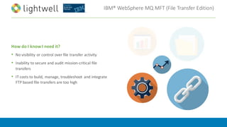IBM®	WebSphere	MQ	MFT	(File	Transfer	Edition)
How	do	I	know	I	need	it?
• No	visibility	or	control	over	file	transfer	activity
• Inability	to	secure	and	audit	mission-critical	file	
transfers
• IT	costs	to	build,	manage,	troubleshoot	 and	integrate	
FTP	based	file	transfers	are	too	high
 