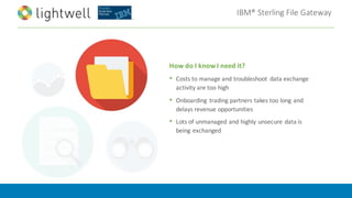 IBM®	Sterling	File	Gateway
How	do	I	know	I	need	it?
• Costs	to	manage	and	troubleshoot	 data	exchange	
activity	are	too	high
• Onboarding	 trading	partners	takes	too	long	and	
delays	revenue	opportunities
• Lots	of	unmanaged	and	highly	unsecure	data	is	
being	exchanged
 