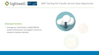 IBM®	Sterling	File	Transfer	Service	Value	Opportunity
Grow	your	business	
• Leverage	our	cloud	based,	scalable	B2B	file	
transfer	infrastructure	and	support	 services	to	
respond	to	business	demand
 