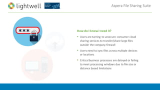 Aspera	File	Sharing	Suite
How	do	I	know	I	need	it?
• Users	are	turning	 to	unsecure	consumer	cloud	
sharing	services	to	transfer/share	large	files	
outside	the	company	firewall
• Users	need	to	sync	files	across	multiple	devices	
or	locations
• Critical	business	processes	are	delayed	or	failing	
to	meet	processing	windows	due	to	file	size	or	
distance	based	limitations
 