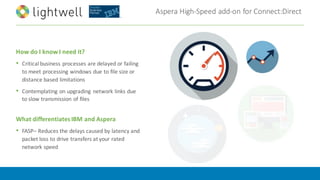 Aspera High-Speed	add-on	for	Connect:Direct
How	do	I	know	I	need	it?
• Critical	business	processes	are	delayed	or	failing	
to	meet	processing	windows	due	to	file	size	or	
distance	based	limitations
• Contemplating	on	upgrading	 network	links	due	
to	slow	transmission	of	files
What	differentiates	IBM	and	Aspera
• FASP– Reduces	the	delays	caused	by	latency	and	
packet	loss	to	drive	transfers	at	your	rated	
network	speed
 