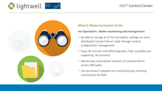IBM®	Control	Center
What	it	Allows	Customers	To	Do	
For	Operations	- Better	monitoring	and	management
• Be	able	to	change	all	of	the	encryption	settings	on	every	
distributed	Connect:Direct node	through	central	
configuration	 management
• Keep	file	transfer	and	B2B	integration,	fully	available	and	
supporting	 the	business
• Monitoring	 a	distributed	network	of	Connect:Direct
across	500	nodes
• Let	you	know	if	adaptors	are	still	processing	incoming	
transactions	for	B2Bi
 