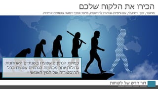 ‫שלכם‬ ‫הלקוח‬ ‫את‬ ‫הכירו‬
‫מחובר‬,‫זמין‬,‫דיגיטלי‬,‫לחדשנות‬ ‫גבוהות‬ ‫ציפיות‬ ‫עם‬,‫מ‬‫אדירות‬ ‫בכמויות‬ ‫דאטה‬ ‫וצורך‬ ‫ייצר‬.
‫לקוחות‬ ‫של‬ ‫חדש‬ ‫דור‬
‫שנוצרו‬ ‫הנתונים‬ ‫כמויות‬‫האחרונות‬ ‫בשנתיים‬
‫שנוצרו‬ ‫הנתונים‬ ‫מכמויות‬ ‫יותר‬ ‫גדולות‬‫בכל‬
‫ההיסטוריה‬‫המין‬ ‫של‬‫האנושי‬!
 