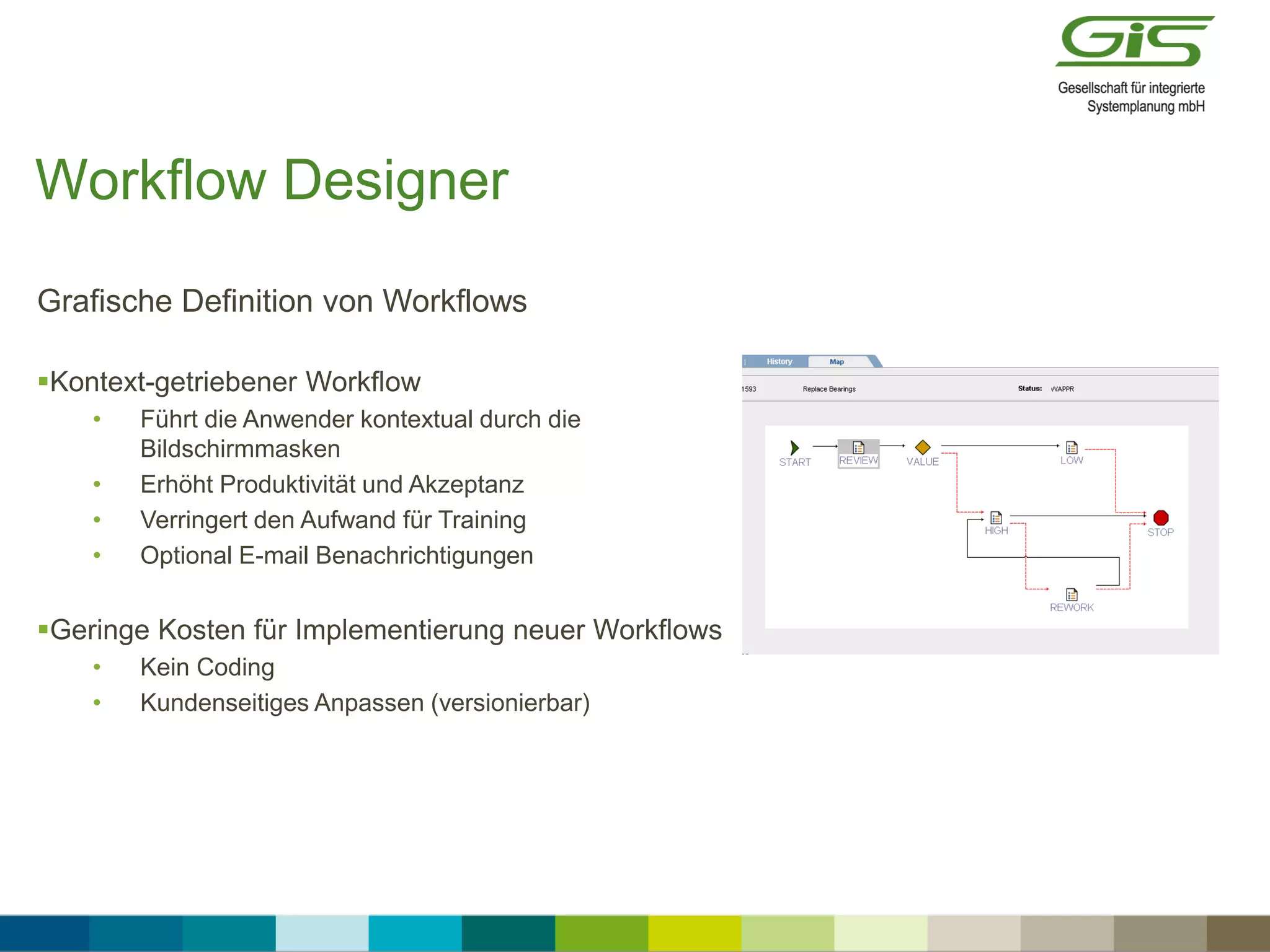 Grafische Definition von Workflows
Kontext-getriebener Workflow
• Führt die Anwender kontextual durch die
Bildschirmmasken
• Erhöht Produktivität und Akzeptanz
• Verringert den Aufwand für Training
• Optional E-mail Benachrichtigungen
Geringe Kosten für Implementierung neuer Workflows
• Kein Coding
• Kundenseitiges Anpassen (versionierbar)
Workflow Designer
 