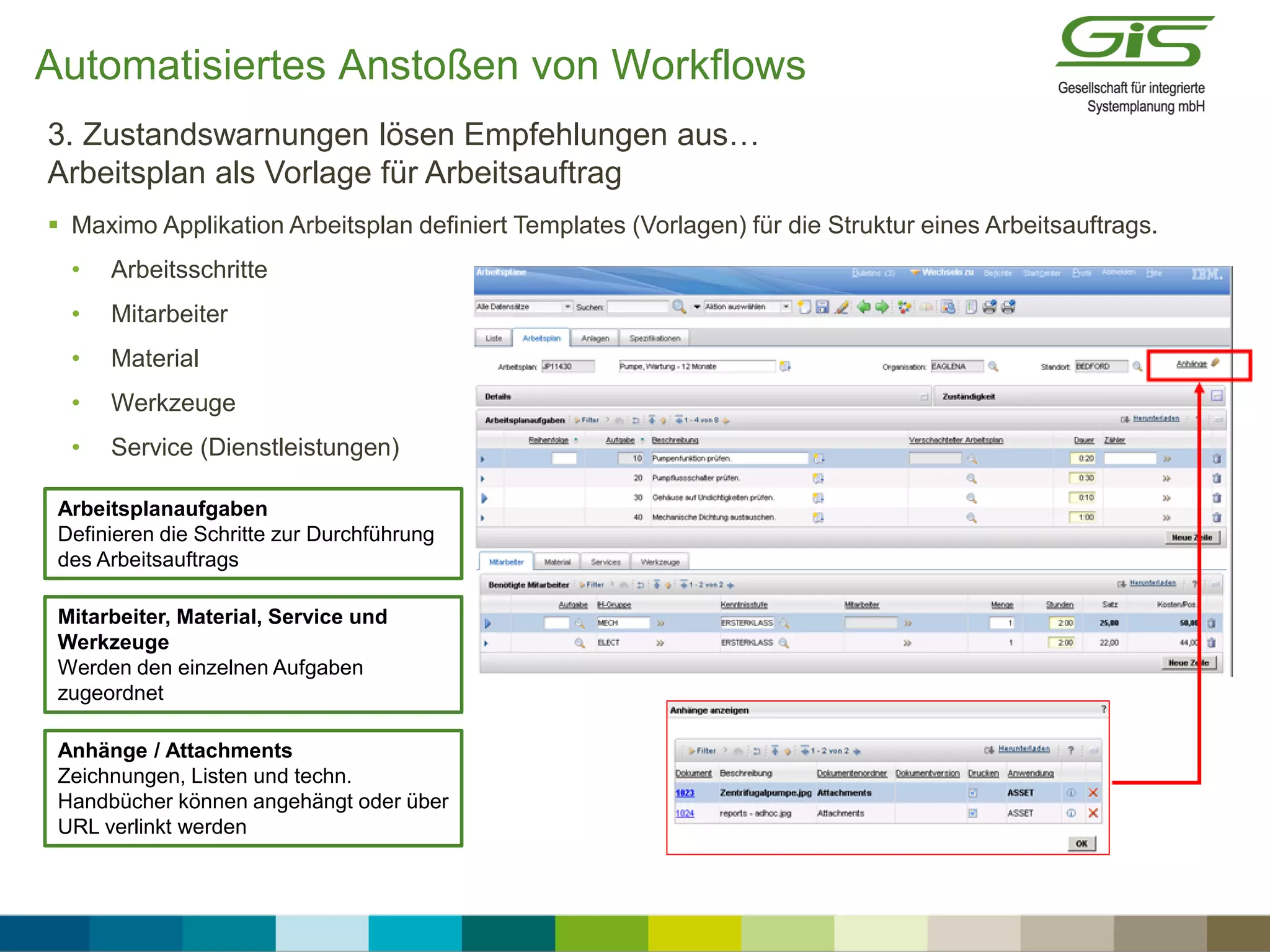  Maximo Applikation Arbeitsplan definiert Templates (Vorlagen) für die Struktur eines Arbeitsauftrags.
• Arbeitsschritte
• Mitarbeiter
• Material
• Werkzeuge
• Service (Dienstleistungen)
3. Zustandswarnungen lösen Empfehlungen aus…
Arbeitsplan als Vorlage für Arbeitsauftrag
Arbeitsplanaufgaben
Definieren die Schritte zur Durchführung
des Arbeitsauftrags
Mitarbeiter, Material, Service und
Werkzeuge
Werden den einzelnen Aufgaben
zugeordnet
Anhänge / Attachments
Zeichnungen, Listen und techn.
Handbücher können angehängt oder über
URL verlinkt werden
Automatisiertes Anstoßen von Workflows
 