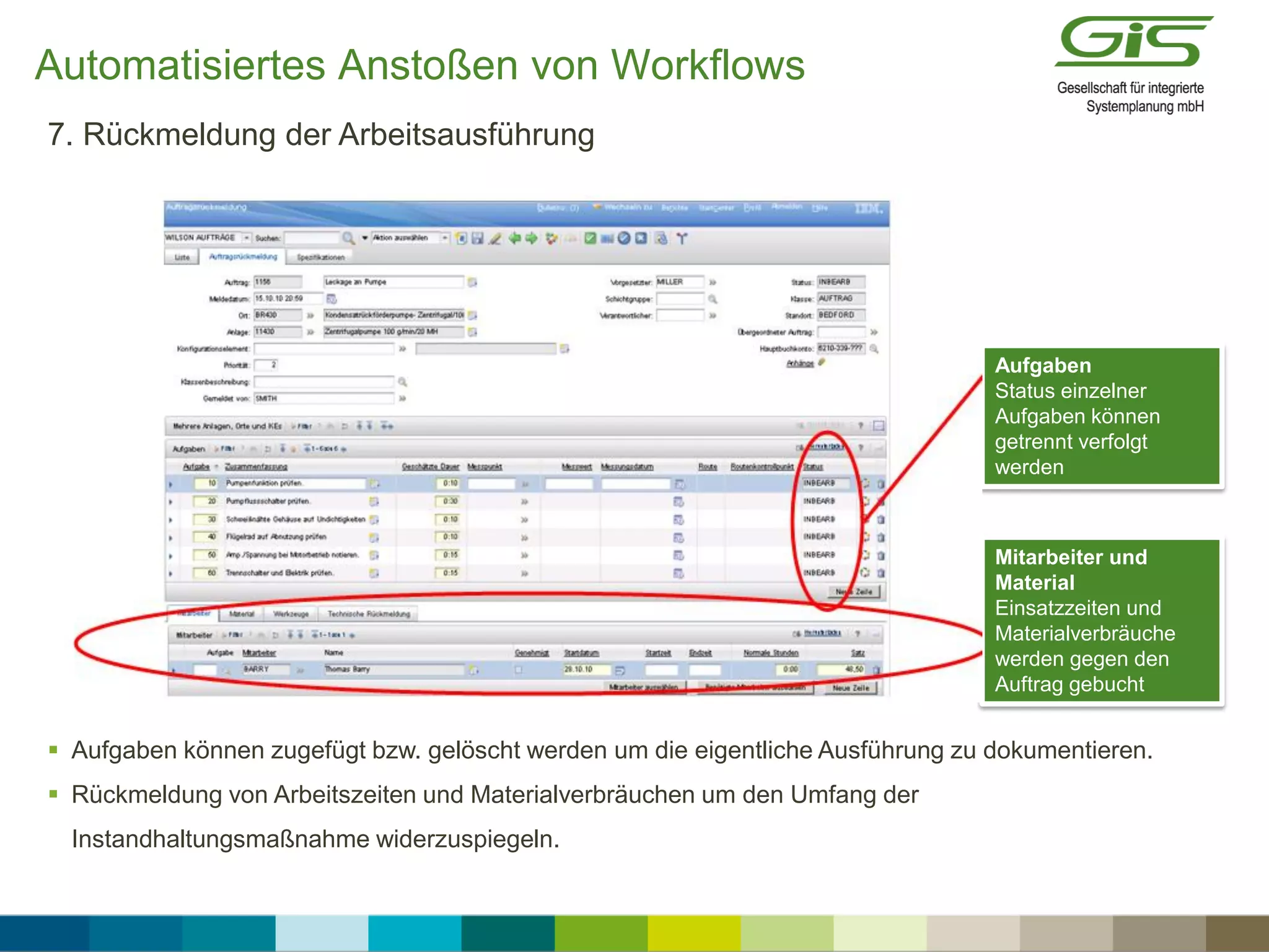  Aufgaben können zugefügt bzw. gelöscht werden um die eigentliche Ausführung zu dokumentieren.
 Rückmeldung von Arbeitszeiten und Materialverbräuchen um den Umfang der
Instandhaltungsmaßnahme widerzuspiegeln.
7. Rückmeldung der Arbeitsausführung
Aufgaben
Status einzelner
Aufgaben können
getrennt verfolgt
werden
Mitarbeiter und
Material
Einsatzzeiten und
Materialverbräuche
werden gegen den
Auftrag gebucht
Automatisiertes Anstoßen von Workflows
 