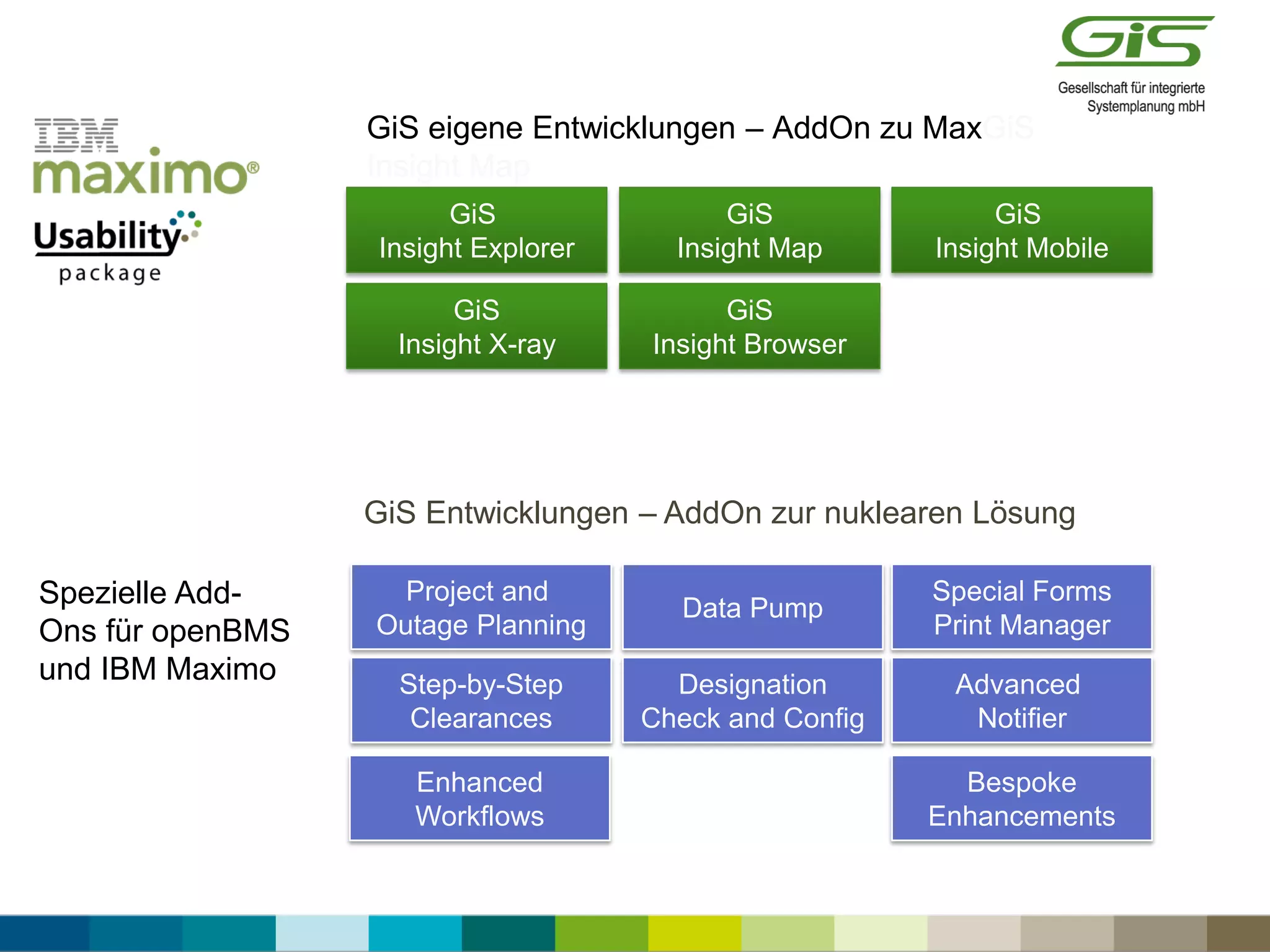 GiS eigene Entwicklungen – AddOn zu MaxGiS
Insight Map
imo
EAM Add-On
GiS
Insight X-ray
GiS
Insight Explorer
GiS
Insight Browser
GiS
Insight Map
Project and
Outage Planning
Data Pump
Designation
Check and Config
Advanced
Notifier
Bespoke
Enhancements
Special Forms
Print Manager
Step-by-Step
Clearances
Enhanced
Workflows
Spezielle Add-
Ons für openBMS
und IBM Maximo
GiS Entwicklungen – AddOn zur nuklearen Lösung
GiS
Insight Mobile
 