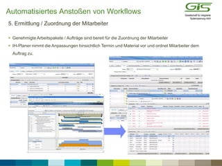 5. Ermittlung / Zuordnung der Mitarbeiter
 Genehmigte Arbeitspakete / Aufträge sind bereit für die Zuordnung der Mitarbeiter
 IH-Planer nimmt die Anpassungen hinsichtlich Termin und Material vor und ordnet Mitarbeiter dem
Auftrag zu.
Automatisiertes Anstoßen von Workflows
 