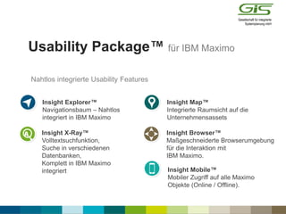 Usability Package™ für IBM Maximo
Insight Explorer™
Navigationsbaum – Nahtlos
integriert in IBM Maximo
Insight X-Ray™
Volltextsuchfunktion,
Suche in verschiedenen
Datenbanken,
Komplett in IBM Maximo
integriert
Insight Browser™
Maßgeschneiderte Browserumgebung
für die Interaktion mit
IBM Maximo.
Insight Mobile™
Mobiler Zugriff auf alle Maximo
Objekte (Online / Offline).
Insight Map™
Integrierte Raumsicht auf die
Unternehmensassets
Nahtlos integrierte Usability Features
 