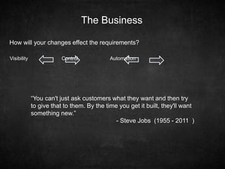 The Business
Visibility Control Automation
How will your changes effect the requirements?
“You can't just ask customers what they want and then try
to give that to them. By the time you get it built, they'll want
something new.”
- Steve Jobs (1955 - 2011 )
 
