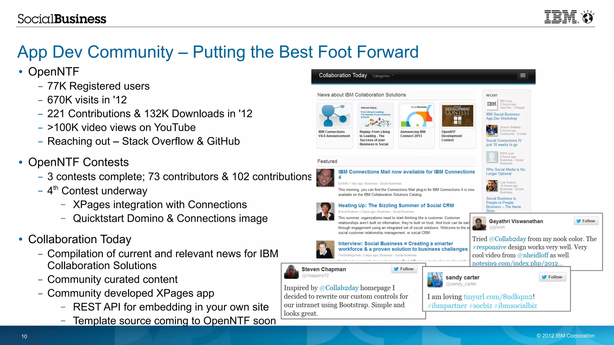 App Dev Community – Putting the Best Foot Forward
●    OpenNTF
      –   77K Registered users
      –   670K visits in '12
      –   221 Contributions & 132K Downloads in '12
      –   >100K video views on YouTube
      –   Reaching out – Stack Overflow & GitHub
●    OpenNTF Contests
      – 3 contests complete; 73 contributors & 102 contributions
      – 4th Contest underway
            – XPages integration with Connections
            – Quicktstart Domino & Connections image

●    Collaboration Today
      – Compilation of current and relevant news for IBM
        Collaboration Solutions
      – Community curated content
      – Community developed XPages app
          – REST API for embedding in your own site
          – Template source coming to OpenNTF soon
10                                                                 © 2012 IBM Corporation
 