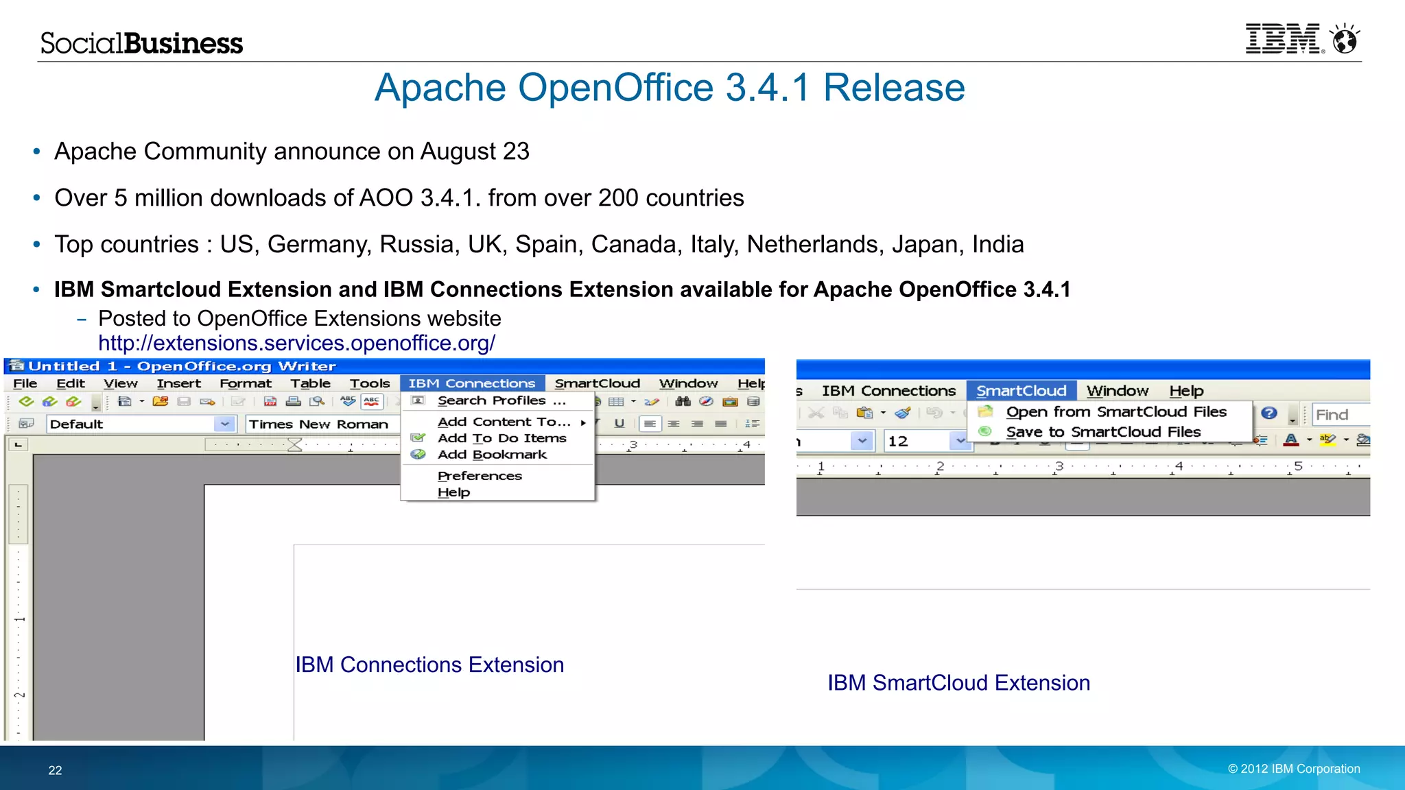 Apache OpenOffice 3.4.1 Release
●   Apache Community announce on August 23
●   Over 5 million downloads of AOO 3.4.1. from over 200 countries
●   Top countries : US, Germany, Russia, UK, Spain, Canada, Italy, Netherlands, Japan, India
●   IBM Smartcloud Extension and IBM Connections Extension available for Apache OpenOffice 3.4.1
      – Posted to OpenOffice Extensions website
        http://extensions.services.openoffice.org/




                         IBM Connections Extension
                                                                          IBM SmartCloud Extension


    22                                                                                               © 2012 IBM Corporation
 