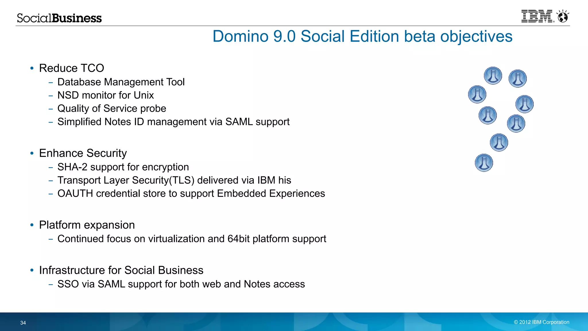 Domino 9.0 Social Edition beta objectives
     ●   Reduce TCO
          –   Database Management Tool
          –   NSD monitor for Unix
          –   Quality of Service probe
          –   Simplified Notes ID management via SAML support

     ●   Enhance Security
          – SHA-2 support for encryption
          – Transport Layer Security(TLS) delivered via IBM his
          – OAUTH credential store to support Embedded Experiences

     ●   Platform expansion
          – Continued focus on virtualization and 64bit platform support

     ●   Infrastructure for Social Business
          – SSO via SAML support for both web and Notes access


34                                                                                        © 2012 IBM Corporation
 