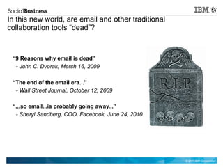 In this new world, are email and other traditional
collaboration tools “dead”?



 “9 Reasons why email is dead”
  - John C. Dvorak, March 16, 2009

 “The end of the email era...”
  - Wall Street Journal, October 12, 2009

 “...so email...is probably going away...”
  - Sheryl Sandberg, COO, Facebook, June 24, 2010




                                                     © 2011 IBM Corporation
 