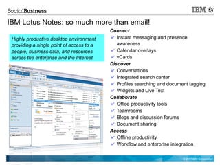 IBM Lotus Notes: so much more than email!
                                           Connect
 Highly productive desktop environment     ✔ Instant messaging and presence
 providing a single point of access to a      awareness
 people, business data, and resources      ✔ Calendar overlays
 across the enterprise and the Internet.   ✔ vCards
                                           Discover
                                           ✔ Conversations
                                           ✔ Integrated search center
                                           ✔ Profiles searching and document tagging
                                           ✔ Widgets and Live Text
                                           Collaborate
                                           ✔ Office productivity tools
                                           ✔ Teamrooms
                                           ✔ Blogs and discussion forums
                                           ✔ Document sharing
                                           Access
                                           ✔ Offline productivity
                                           ✔ Workflow and enterprise integration


                                                                          © 2011 IBM Corporation
 
